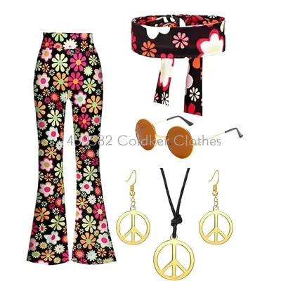 Damen 60er 70er Hippie Disco Kostüm Boho Schlaghose Friedenszeichen Ohrringe Halsketten Brillenzubehör Komplettset Image