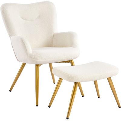 Sessel Ohrensessel mit Hocker aus Boucle-Stoff, Relaxsessel mit Fußstütze, Loungesessel mit Image