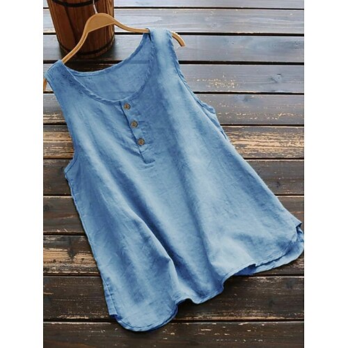 Damen Hemd Baumwoll Mischung Bluse Knöpfe Einfarbig Basic Lässig Ärmellos Rundhalsausschnitt Normale Oberteile Täglich Blau Schwarz Weiß Rosa Grau Sommer Image