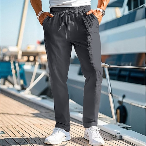 Herren Leinenhose Hose Hosen Sommerhosen Strandhose Kordelzug Elastische Taille Gerade geschnitten Glatt Komfort Atmungsaktiv Casual Täglich Festtage Modisch Klassicher Stil Schwarz Weiß Image
