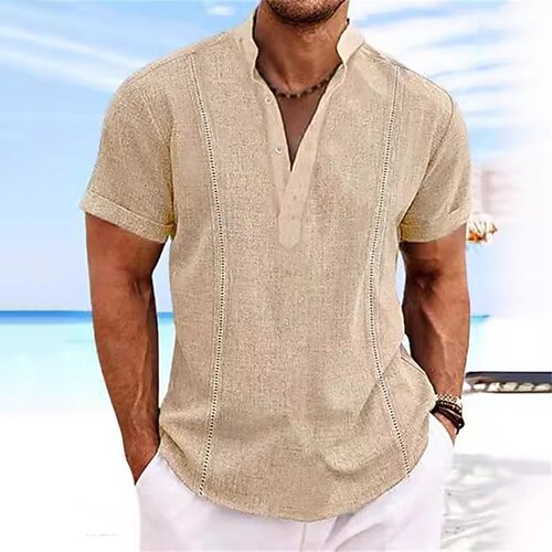 Herren Hemd leinenhemd Freizeithemd Knopfhemd Baumwollhemd Einfach Urlaub Straße Schwarz Weiß Rosa Khaki Kurzarm Stehkragen Sommer Bekleidung Patchwork Image