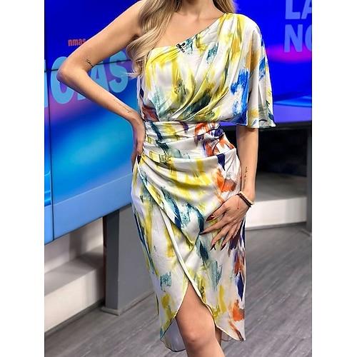 Damen kleid lang Casual kleid Boho Chic Kleider Böhmen Kuschelig Stilvoll Urlaub Täglich Strand Lockere Passform Graphic Kurzarm Asymmetrisch Weiß Sommer Frühling