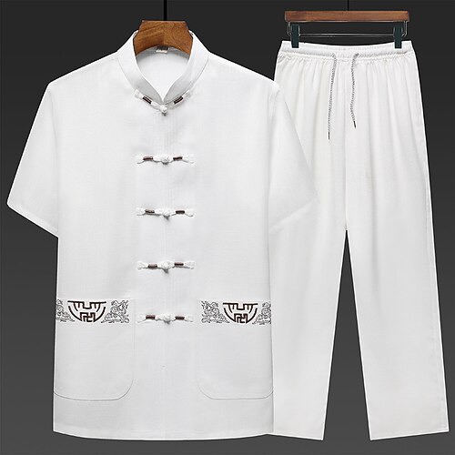 Herren Hemd Hemden-Set Sommerhemd Lässiges Hemd Strandhemd Knopfhemd Weiß Marineblau Grün Hellgrau Dunkelgray Kurzarm Glatt Ständer Urlaub Hawaiianisch 2 teilig Bekleidung Polyester Brautkleider Image