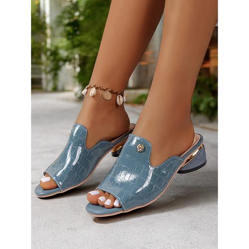 Black Patent Leather Open-Toe Mule Sandals with Crocodile Texture and Block Heel, Perfect for Summer Casual Outings and Office