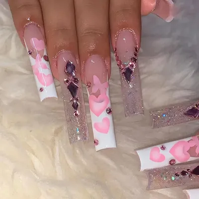 24Pcs Pink Butterfly Fake Nails Long Coffin False Nails with Rhinestones Detachable Ballerina Full