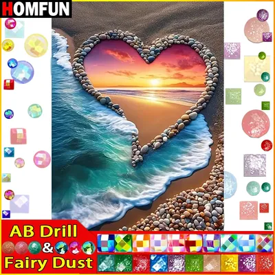 HOMFUN Fairy Dust AB Diamond Painting Full Square/Round Drill 5D DIY "Beach Heart Sunset" Daimond
