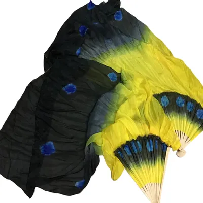 Hand Tie Dye Art Fan Veil 2pcs Peacock Belly Dance Silk Veil Stage Performance Show Competition