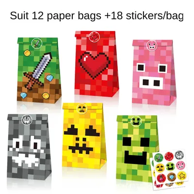 12pcs Game Pixel Mosaic Kraft Paper Bag Candy Bag Gift Bag Candy Gift Bags Paper Bags Paper Bag