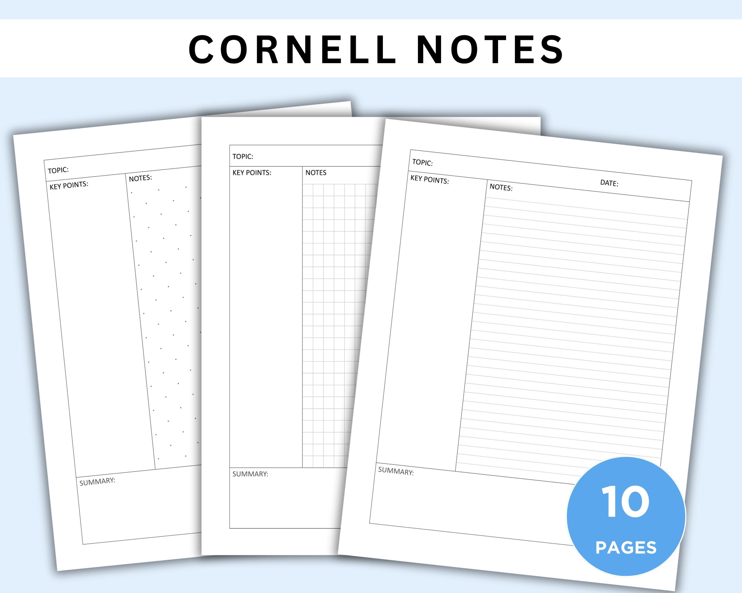 Carta per appunti Cornell stampabile. Prendere appunti Cornell. Modello per appunti Cornell. PDF per appunti Cornell. Prendere appunti per studenti. D