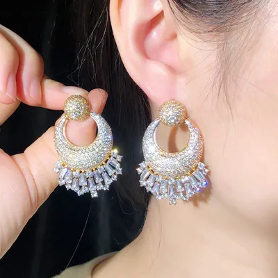CWWZircons Luxury Long Big Drop Cubic Zirconia Women Wedding Engagement Party Indian Gold Plated