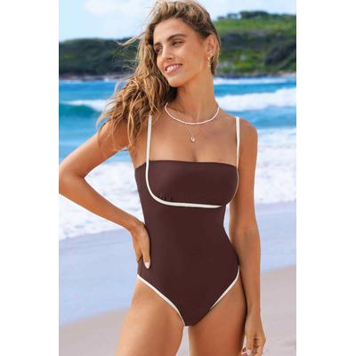 Brown Colorblock Contrast Trim Square Neck One-Piece Swimsuit
