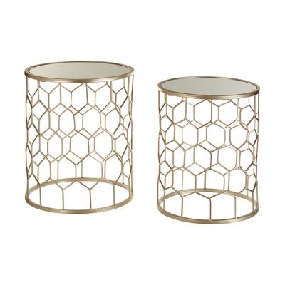 Set of 2 Round Side Tables with Mirror Top in Champagne Iron