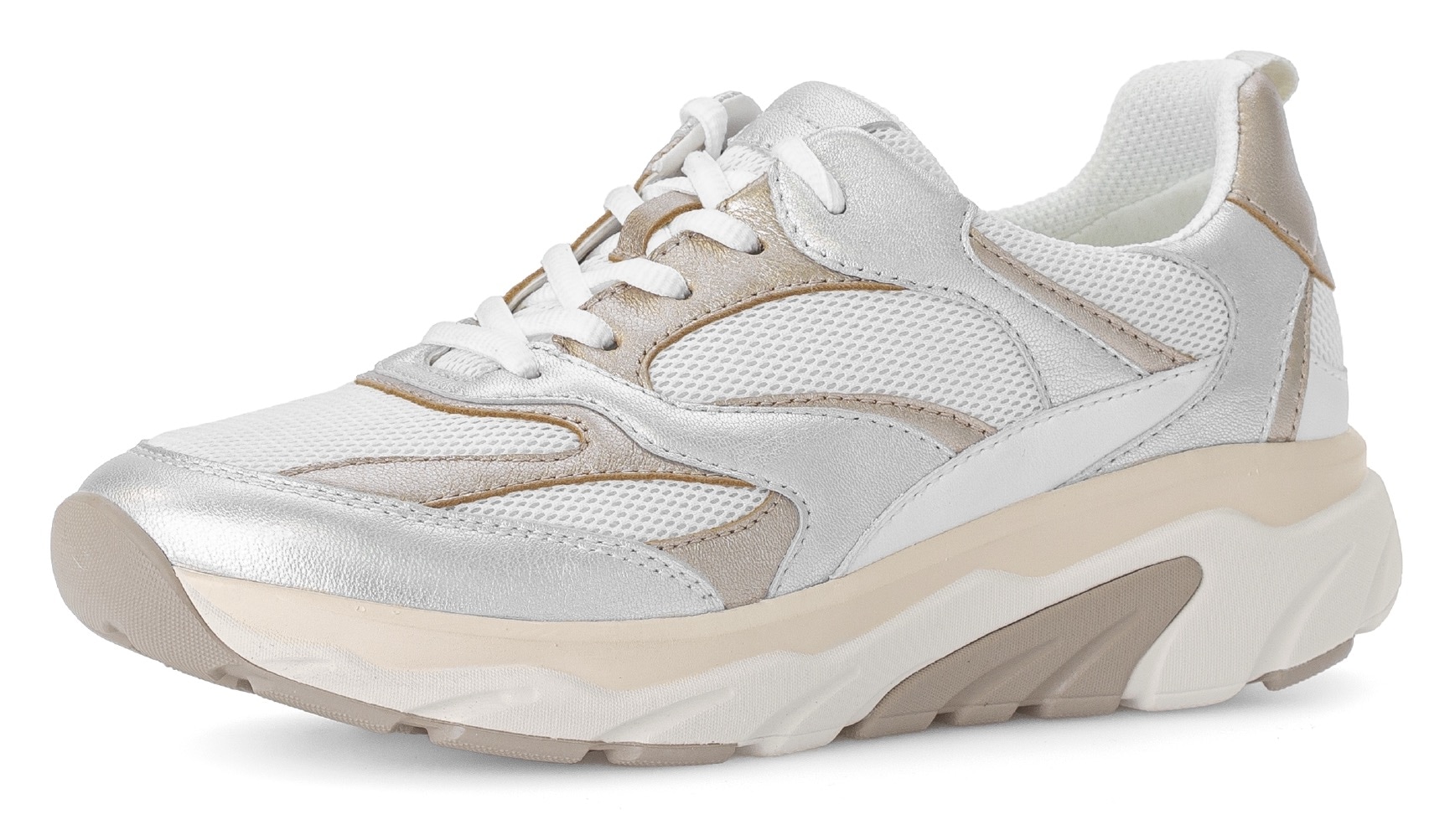 Keilsneaker GABOR ROLLINGSOFT, Damen, Gr. 40, silber (weiß, silberfarben, goldfarben), Kalbsleder, Textil, Schuhe Sneaker, Freizeitschuh, Halbschuh, Schnürschuh mit rollingsoft-Laufsohle