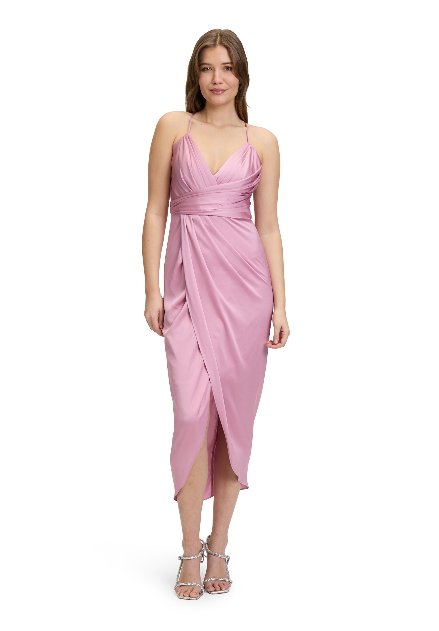 Abendkleid VERA MONT "Damen mit Raffung", Damen, Gr. 38, Normalgrößen, rosa (peony blush), Satin, Obermaterial: 100% Polyester; Futter: 100% Polyester, figurbetont lang, V-Ausschnitt, Kleider Abendkleid, Material