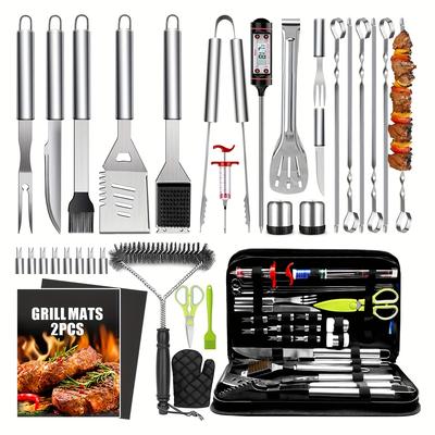 TEMU 34pcs Bbq Grill Accessories Tools Set, 16 Inches Stainless Steel Grilling Tools With Carry Bag, Thermometer, Grill Mats For Camping/backyard Barbecue, Grill Tools Set For Men Women