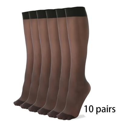 TEMU 10 Pairs Women's Nylon Knee-high Stockings - Breathable, Sheer Nude With Black Band, & Stylish For Casual Attire, Clothing | Sheer Stockings | Nylon Spandex