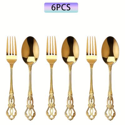 TEMU Elegant Vintage Flatware Set, Stainless Steel , Rust Resistant, Hollow-, , Dishwasher Safe, Dining, Weddings, Parties - 6/8/12pcs Dessert Combo