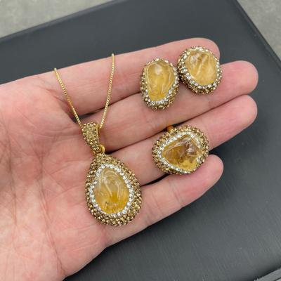 TEMU Yellow Crystal -piece Jewelry Set Natural Yellow Crystal Antique Necklace Set Design Yellow Crystal Gift Set