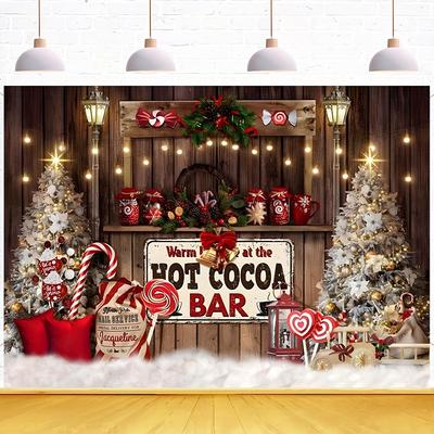 TEMU Vinyl Christmas Hot Cocoa Bar Backdrop - Holiday Party Photography Background With Candy Cane, Pine Trees & Festive Decorations For Winter Xmas Celebrations