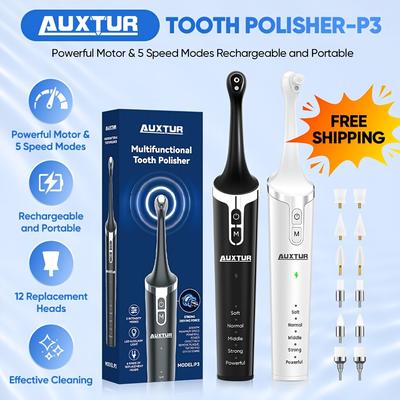 TEMU Auxtur Tooth Polisher, Rechargeable Tooth Whitening Kit For Teeth Cleaning And Whitening, 2 Set Replacement Polishing Brush Heads(12pcs), 5 Speed , Perfect Birthday & Valentine's Day Gift