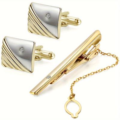 TEMU 3pcs Polished Metal Rhinestone Shirt Cufflinks Tie Bar Clasp Clip Set Men's Business Wedding Accessory