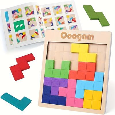 TEMU Coogam Wooden Puzzle Pattern Building Game With 60 Challenges, 3d Building Blocks Toy Wooden -piece Puzzle Shape Puzzle Stem Puzzle Toy For And Adults Gift