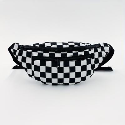 TEMU Black And White Checkered Women's Waist Bag Double Layer Zipper Chest Bags Man Adjustable Belt Bag Unisex Funny Pack 1pcs