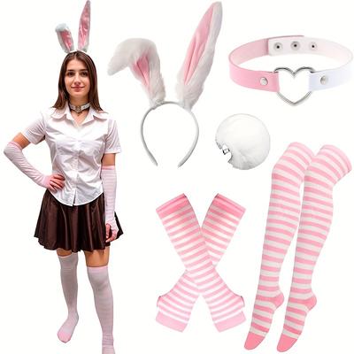 TEMU 5pcs Easter Pink And White Women's Rabbit Costume, Including Rabbit Ears, Collar, Striped Gloves And Socks, Tail - Christmas And Role-playing Parties