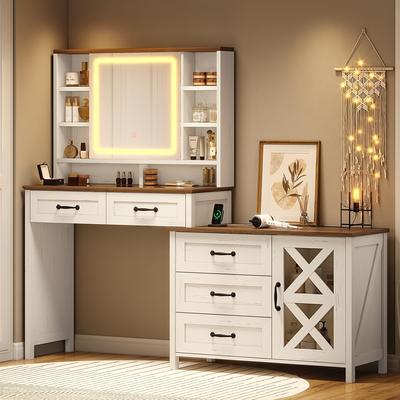 TEMU [ ] Chic Farmhouse Vanity Desk With Touch Screen Lighted Mirror & Usb Charging Station - Antique White & Black , 5 Drawers, Shelves & Cabinet For Makeup & Storage, & Wood Grain Design