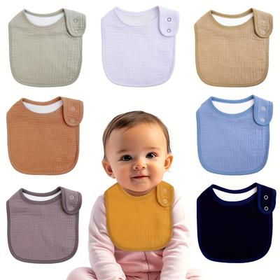 TEMU 8pcs Set Of Pure Gauze Muslin Bibs, Absorbent, Breathable, Soft, Multi-colored, Adjustable Snap Buttons, Suitable For Boys And Girls.