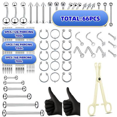 TEMU 66pcs Stainless Steel Piercing Tool Kit, Synthetic Zirconia, Non-magnetic, With Clamps, Curved Needles, Straight Bars, For All Piercings, Mardi Gras Day Body Jewelry Set