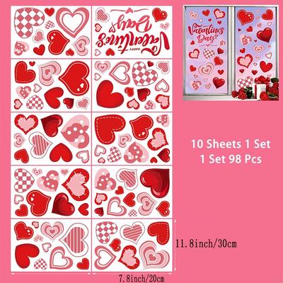 TEMU 98pcs Valentine's Day Window Clings, Double-sided Pvc Love Heart Decals, Static Window Stickers, No Electricity Needed, For Home, Wedding, Anniversary, Party, Glass Decor