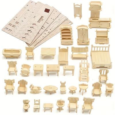 TEMU 34pcs Miniature House Furniture Set, Diy Dollhouse Model Kit, Wooden Pieces, With Accessories For 14+