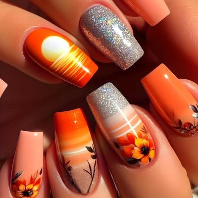 TEMU [24pcs Sun & -on Nails] 24pcs Ballet-shaped Press-on Nails, Medium Length, Orange & Brown Tone, With Sun And , Reusable False Nail Set For Women