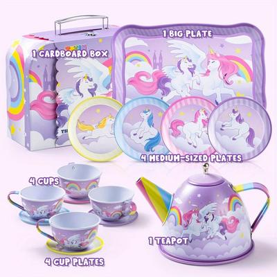 TEMU 15pcs Unicorn Tea Party Set For Kids, Dress Up & Pretend Play, Pretend Purple Tin Teapot Set, Princess Play Kitchen Toy With Teapot, Cup, Plate, Carrying Case Birthday Easter Gift For Toddler