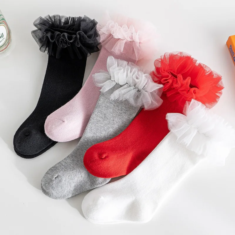 Baby Mädchen Socken Herbst Winter Kleinkinder Kinder Knies trümpfe weiche Baumwolle Rüschen Mesh Spitze Blume Rohr Kinder Socke Calcetines Image