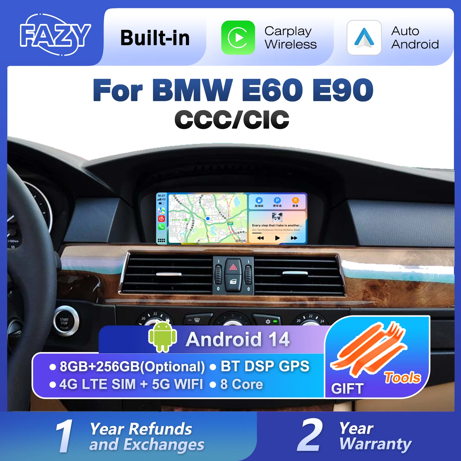 Android 14 Wireless Carplay IPS-Bildschirm für BMW 3er 5er Serie E60 E61 E62 E63 E90 E91 E92 Autoradio Multimedia-Player Stereo GPS 4G Image