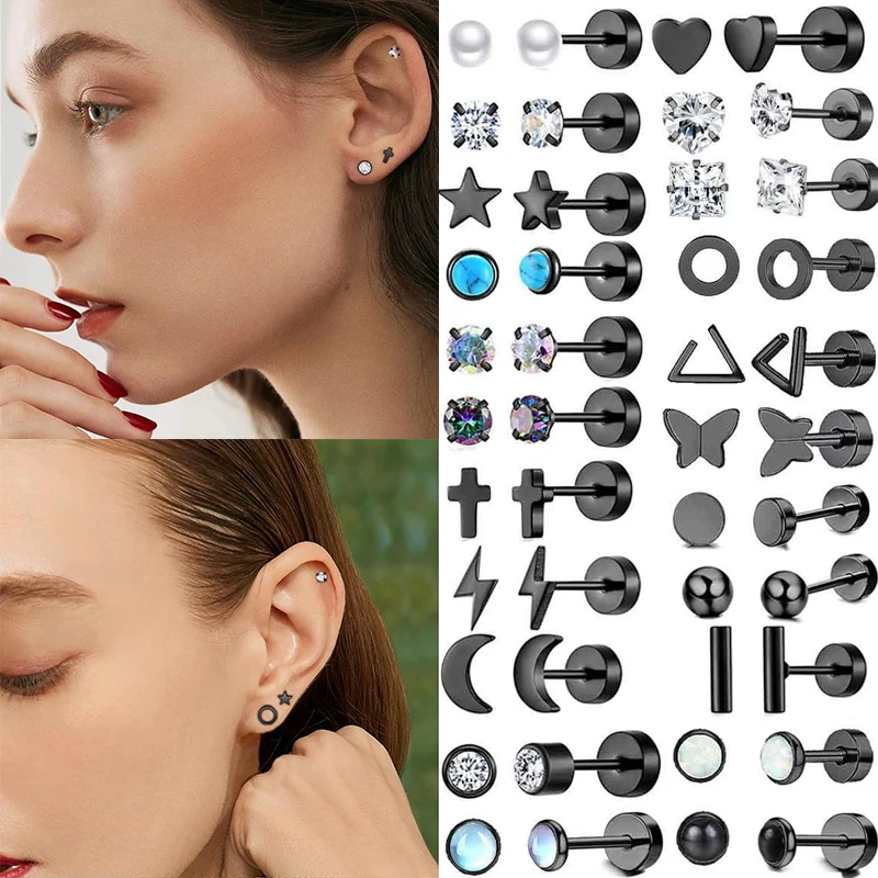 2 Teile/satz Edelstahl Schwarz Zirkonia Ohrstecker für Frauen Opal Kugel Stern Mond Blume Flache Rückseite Ohrringe Piercing Image