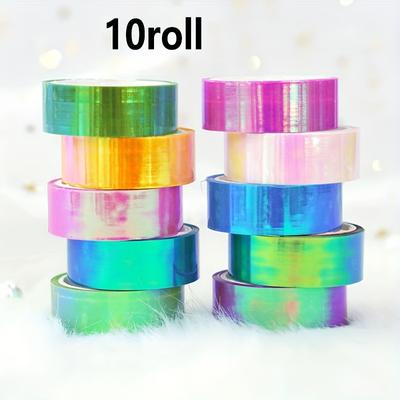 TEMU 10 Rolls Rainbow Laser Tape - Mixed Color, Waterproof, Plastic Surface Recommended, Cool Gradient Holographic Diy Decals For Scrapbooking And Crafts