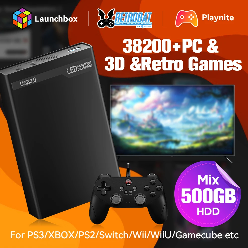 JMachen Mix 500 GB Gaming-Festplatte mit 38200+ AAA & PC-Spiele-Emulator-Spielekonsole für PS3/XBOX/Switch/PS3/PS2/Gamecube für Wins PC Image