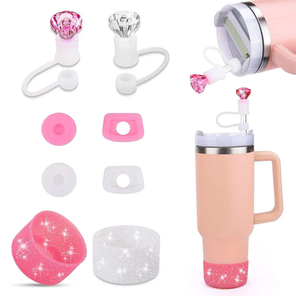 8 Stück Tassen zubehör für Stanley Cup 40 & 30oz, 2 Stück Diamant stroh abdeckungen, 2 Stück Bling Silikons tiefel, 4 Stück Überlauf lecks topper Image