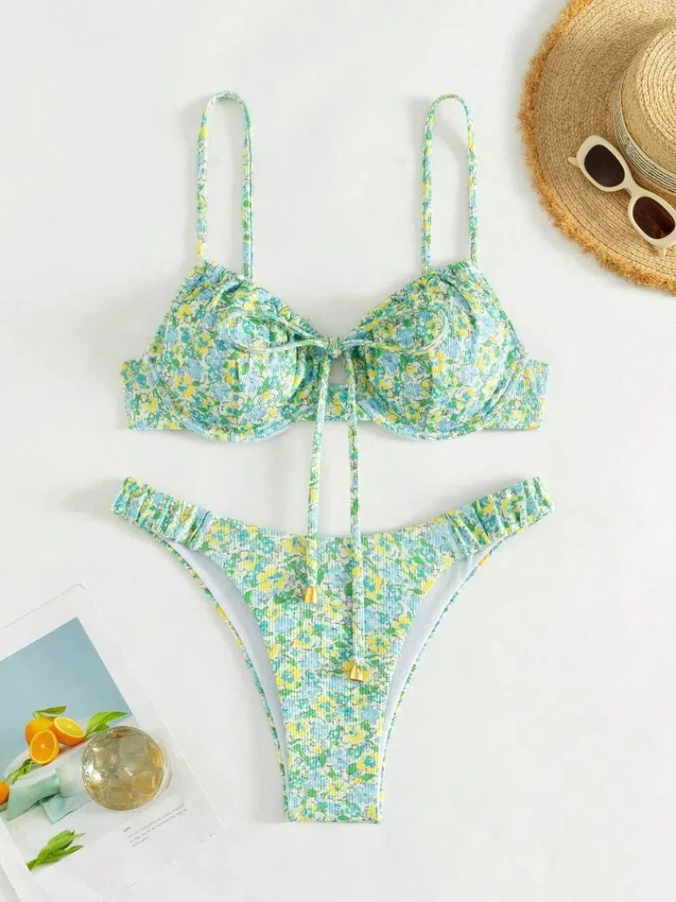Nuovo sexy stampa floreale push up bikini 2024 donne costumi da bagno costume da bagno femminile due pezzi perizoma bikini set bagnante costume da bagno spiaggia