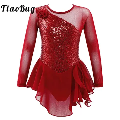 Kids Girls Sequins Gymnastic Figure Skating Dress Sheer Mesh Long Sleeves Tulle Skirted Leotards