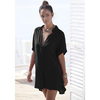 Longbluse LASCANA, Damen, Gr. 34, schwarz, Cru00eape, Obermaterial: 100% Viskose, casual, figurumspielend kurz, Kurzarm 