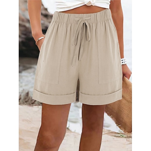 Damen Shorts aus Baumwollleinen Hose aus Baumwollleinen Chinos Shorts Basic Kurz Hohe Taille Einfach Tasche Elastischer Bund Bequem Weich Mikroelastisch Outdoor Straße Blau Schwarz Rosa Armeegrün Image