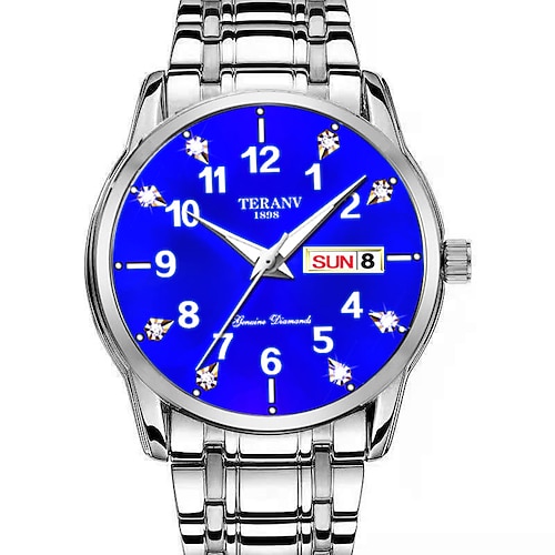 Digitale neue, diamantbesetzte Herren-Quarzuhr mit legiertem Stahlband, leuchtendem Doppelkalender, rundem Zifferblatt, wasserdicht nach IPX7, multifunktionale Modeuhr, geeignet als Reisegeschenk Image