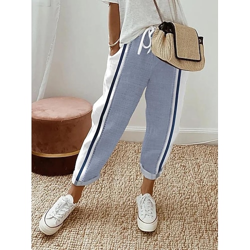 Damen Baumwolle Leinen Hose Baggy Hose Leinenähnlich Fashion Streetwear Voller Länge Hochtailliert Grafik Karopattern Druck Thermisch Warm Atmungsaktiv Weich Mikro-elastisch Outdoor Alltag Image