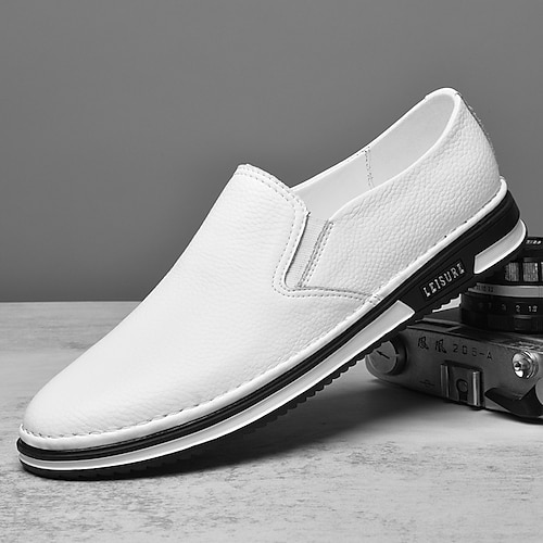 Herren Slip-On Kunstleder Sneaker, lässige weiße Schuhe mit bequemer Gummisohle, stylisches und vielseitiges Schuhwerk für Alltag und Freizeit Image