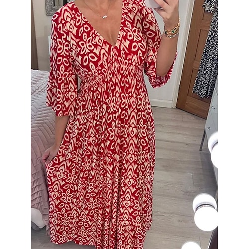 Damen Langes Kleid Maxikleid Freizeitkleid Boho Chic Kleider Boho-Kleid Elegant Bohemien Stilvoll Urlaub Lässig Täglich Normale Passform Grafik Kurzarm V Ausschnitt Rote Marineblau Blau Grün Sommer Image