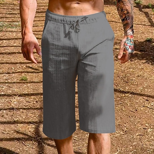Herren Leinenshorts Kurze Hosen Sommer-Shorts Caprihose Kordelzug Elastische Taille Glatt Komfort Atmungsaktiv Outdoor Täglich Ausgehen Leinen / Baumwoll Mischung Modisch Brautkleider schlicht Image